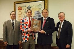 Mack Trucks presented a plaque to David and Roger Kriete of the Kriete Group, Inc. to honor its 60 years of service as a Mack dealer. Pictured from left to right are: David Barletta, Mack Central Region vice president, David Kriete, CEO and dealer principal for the Kriete Group, Inc., Roger Kriete, chairman of the Kriete Group, Inc. and Kevin Flaherty, president of Mack Trucks North American Sales & Marketing.