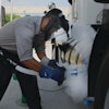Refueling an LNG storage tank on a class 8 heavy-duty truck.