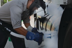 Refueling an LNG storage tank on a class 8 heavy-duty truck.