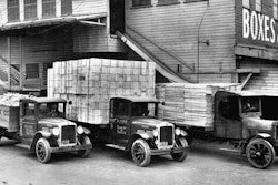 The 1920s saw many innovations in truck design. This early Kenworth fleet illustrates the transition from solid to pneumatic tires and from open to enclosed cabs.