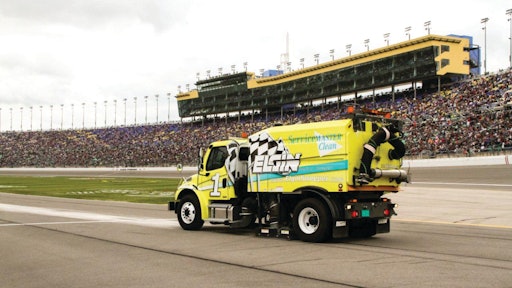 Elgin Sweeper collaborated with the California Motor Speedway, testing to develop a new side-air blast nozzle. To verify the sweeper will operate effectively on the steep banks and inclines associated with various racetracks around the country, Elgin conducted additional testing for maximum tilt angle at the Caterpillar Inc., research facility in Peoria, IL. An in-cab angle measurement system on the sweeper audibly and visually alerts the operator when steep incline conditions approach the maximum tilt angle.