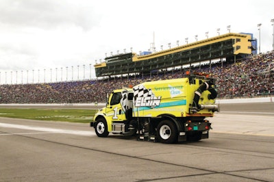 Elgin Sweeper collaborated with the California Motor Speedway, testing to develop a new side-air blast nozzle. To verify the sweeper will operate effectively on the steep banks and inclines associated with various racetracks around the country, Elgin conducted additional testing for maximum tilt angle at the Caterpillar Inc., research facility in Peoria, IL. An in-cab angle measurement system on the sweeper audibly and visually alerts the operator when steep incline conditions approach the maximum tilt angle.