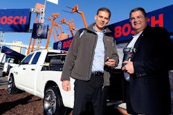 Christian Heine, president, Bosch Power Tools North America (left) and Bob Hegbloom, director, Ram Truck Brand (right), name Ram the 'Official Truck of Bosch Power Tools & Accessories' during the World of Concrete trade show.