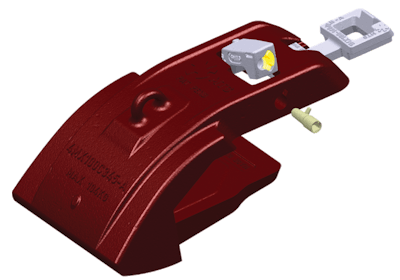 A single, weld-on upper base allows adding wear metal in the front part of the shroud to extend life and improve penetration. Hammerless installation works when the side pin twists into the metal block and is held fast with an elastomer retainer (shown here in yellow).