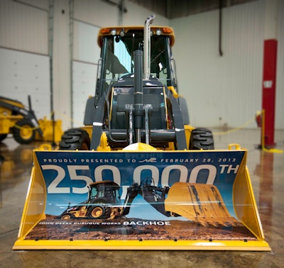John Deere Construction & Forestry Division marks a production milestone with the completion of its 250,000th backhoe loader at the Dubuque Works factory.