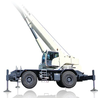The new cab on the Terex Quadstar 1075L rough terrain crane tilts 18 degrees for better operator view.