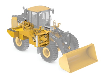 The electric motor on the 644K drives a simplified three-speed transmission, but the system has four operating speed ranges in forward and reverse. Reverse gears are not needed.