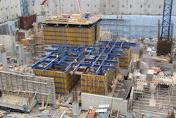 The Super Climber uses a single stroke cylinder to move the core with forms, concrete placing boom and multiple levels of working platforms up to the next casting step.