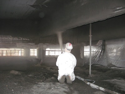 The nozzlemen pneumatically pumped more than 1,400 3,000-lb. bulk bags of Quikrete Shotcrete MS – Fiber Reinforced through a hose from a silo system to make the repairs.