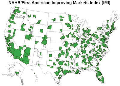 A map showing the markets included in the NAHB/First American Improving Markets Index (IMI) which tracks housing markets throughout the country that are showing signs of improving economic health.