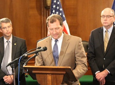 Tim Watters, Associated Equipment Distributors Vice Chairman, and president and CEO of Hoffman Equipment, spoke at a press conference organized to draw attention to the highway funding crisis.