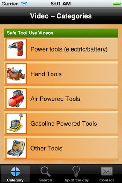 With the iConstructSafe mobile app, the user can select from a menu of options and watch safety videos and tips on a specific type of tool.