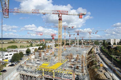The LOGA team chose eight Terex CTT 331-16T and one Terex CTT 231-10T flat top tower crane models to handle the intensive, heavy-lifting task of hoisting, placing and pouring the estimated 1,212 tons of steel and 600,340 cu. ft. of concrete required to complete the construction of the building's framework.