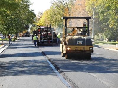 Whether paving roads or parking lots, Martin Marietta crews often use one thick mat in place of two thinner mats because a thicker mat increases productivity and doesn’t take as much effort to get compacted, according to Dave King, paving superintendent.