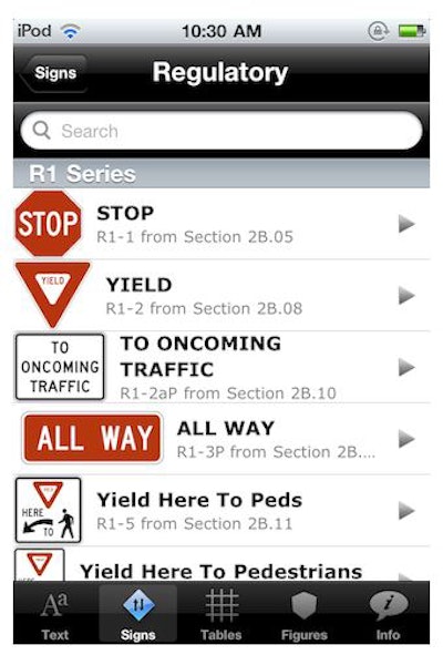 MUTCD mobile app signs reference page lets you quickly find images of signs from the 2009 MUTCD manual.