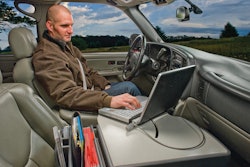 The Road Master Truck Mobile Office from Mobile Desk is secured to the passenger seat by using the seat belt. It is designed for people working out of their vehicle that predominately use a laptop.