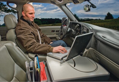 The Road Master Truck Mobile Office from Mobile Desk is secured to the passenger seat by using the seat belt. It is designed for people working out of their vehicle that predominately use a laptop.