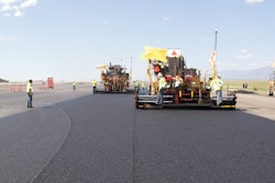 The specifications at Salt Lake City International Airport required paving to an elevation. Granite Construction used echelon paving to minimize the number of cold joints.