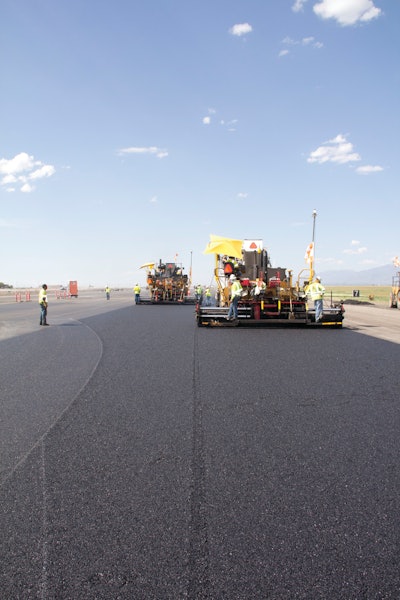 The specifications at Salt Lake City International Airport required paving to an elevation. Granite Construction used echelon paving to minimize the number of cold joints.