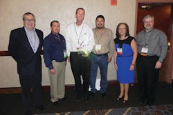 T.A.S. Commercial Concrete Construction is a Burr Bennett Winner is the Specialty Contractor category. Left to right: Mike Poppoff, president, ASCC; Edwin Villarreal, Tim Manherz, and Hector Valenzuela, T.A.S. Commercial Concrete; and Helen Prince and Wayne Kirkland, CNA.