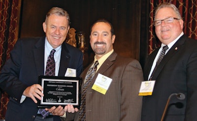 National Asphalt Pavement Association President Mike Acott (left) and California Asphalt Pavement Association Executive Director Russell Snyder (right) present the Pavement Pioneer Award to Caltrans Maintenance Chief Tony Tavares.