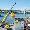 ALL Crane Rental of Pennsylvania, LLC used a Grove TMS9000 to set a 40-ft. rubber duck afloat on the Allegheny River in Pittsburgh. The globe-hopping duck is the vision of artist Florentijn Hofman.