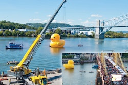 ALL Crane Rental of Pennsylvania, LLC used a Grove TMS9000 to set a 40-ft. rubber duck afloat on the Allegheny River in Pittsburgh. The globe-hopping duck is the vision of artist Florentijn Hofman.