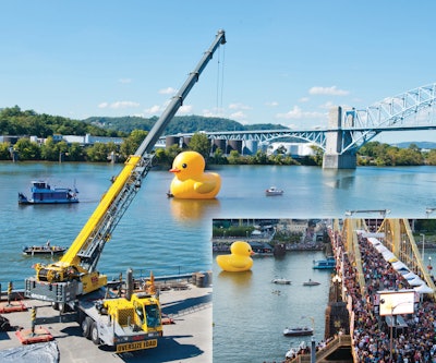 ALL Crane Rental of Pennsylvania, LLC used a Grove TMS9000 to set a 40-ft. rubber duck afloat on the Allegheny River in Pittsburgh. The globe-hopping duck is the vision of artist Florentijn Hofman.