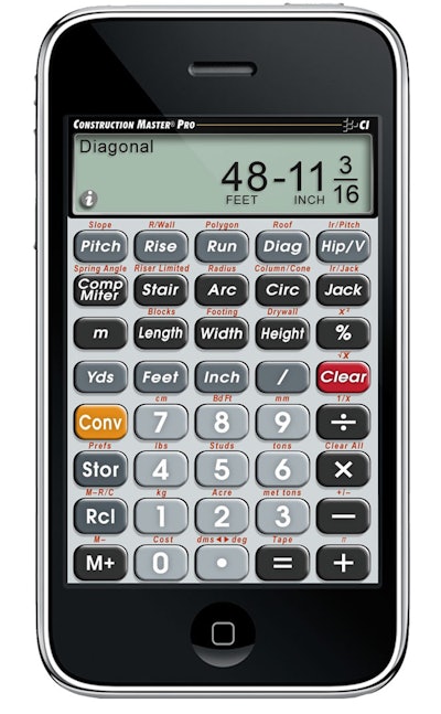 The Construction Master Pro app calculator can do dimensional math and conversions, right angle solutions, and area and volume solutions.