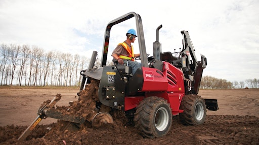 Toro says its 65-hp RT600 has the only trencher drive in its class using a flywheel to minimize trencher-chain stalls, torsion shaft to absorb shock loads and planetary gear reduction to multiply hydrostatic-motor torque.