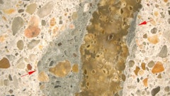 Figure 1. Stereomicroscope image. Reflected light photomicrograph of the polished surface of a concrete core. The image was taken at 10x magnification. The red arrows highlight mortar with darker color than surrounding concrete matrix. Features such as these often form when concrete is retempered.