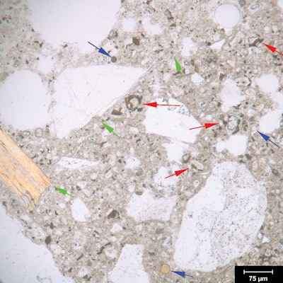 Figure 2. Petrographic microscope image. Plane-polarized transmitted light photomicrograph of a thin section showing detail of cement paste. The image was taken at 200x magnification. The red and blue arrows indicate relict and residual cement grains and fly ash particles, respectively. The green arrows highlight a microcrack.