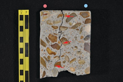 Figure 5. Photograph of polished surface of a concrete core taken through a slab on ground. The core represents the full thickness of the slab; the red arrows indicate a shrinkage crack that cuts through the full depth of the slab. The yellow bar is about 150 mm (6 in.) long.