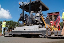 The Volvo ABG7820 paver on site at the Shaw Carpet industrial lot RCC paving job.