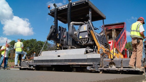 The Volvo ABG7820 paver on site at the Shaw Carpet industrial lot RCC paving job.