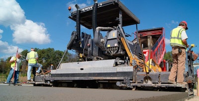 The Volvo ABG7820 paver on site at the Shaw Carpet industrial lot RCC paving job.