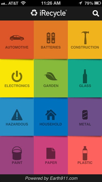 iRecycle lists a menu of recycling categories.