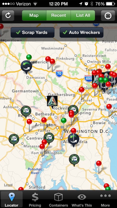 Map view allows mobile app users to see all the scrap yards closest to their location.
