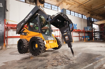 The Creep Mode on John Deere's optional EH Joystick Performance Package allows the operator to adjust wheel speed to the application. This is especially handy for attachment applications.