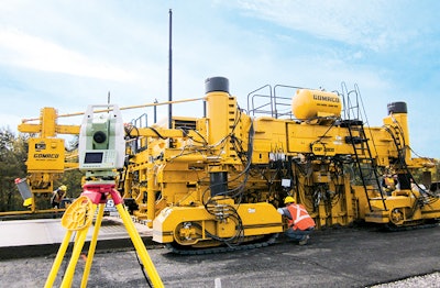 Surianello Concrete is using a Leica 3D stringless guidance system on the GOMACO GHP-2800 four-track paver.