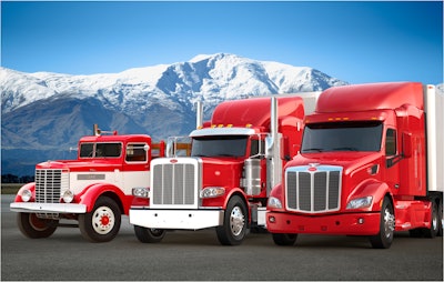 From left to right: The original 1939 Peterbilt, a Model 389 and the company's newest on-highway vehicle, the Model 579.