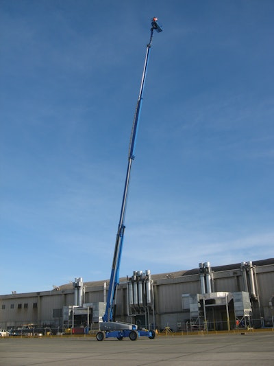 At full extension, Genie's SX-180 (shown here at the company's Moses Lake, WA production facility) is 30 feet taller than the next highest super boom.