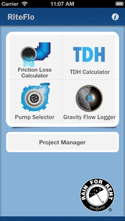 The RiteFlo mobile app features four calculators for hydraulic estimations.