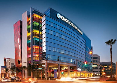 The new state-of-the-art patient care tower at CHOC Children’s Hospital in Orange, CA, boasts a visually stimulating exterior highlighted by a multi-colored glass skin, accented with colorful metal panels and a vertical beacon.