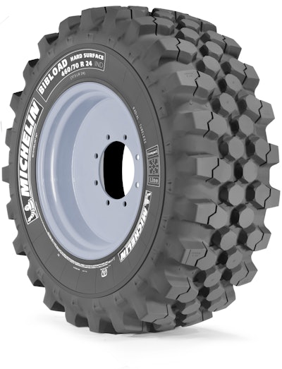The Michelin BibLoad Hard Surface tire features radial construction, steel belts and reinforced casing for puncture resistance