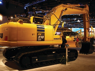 Komatsu showcased a prototype PC2210 excavator at CONEXPO with the integrated grade control.
