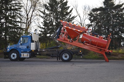 The DuraHook is a hook lift style, self-contained module that allows the contractor, when done patching for the season, to simply offload the DuraHook, switch to a dump bed or sander box and have one truck to do multiple tasks