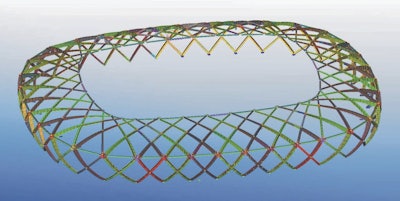 Arena Amazônia was modeled in 3D and extracted 2D drawings plus CNC and material listings, and created specific files to control geometric coordinates of the beams during manufacturing, pre-assembly and final assembly in stages