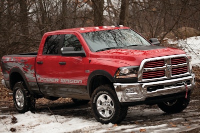The 2014 Ram Power Wagon is based on the Ram 2500 Heavy Duty 4x4 Crew Cab. Off-road-specific engineering includes a 12,000-lb. winch and a unique suspension with more than 2 in. of lift, locking differentials and electronically disconnecting front sway bar.