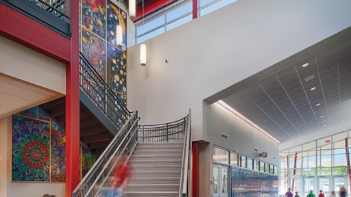 A mosaic mural leading up the stairs is one of the first design elements that grace the entrance to the Prospect Elementary school. The kids helped create the mural.